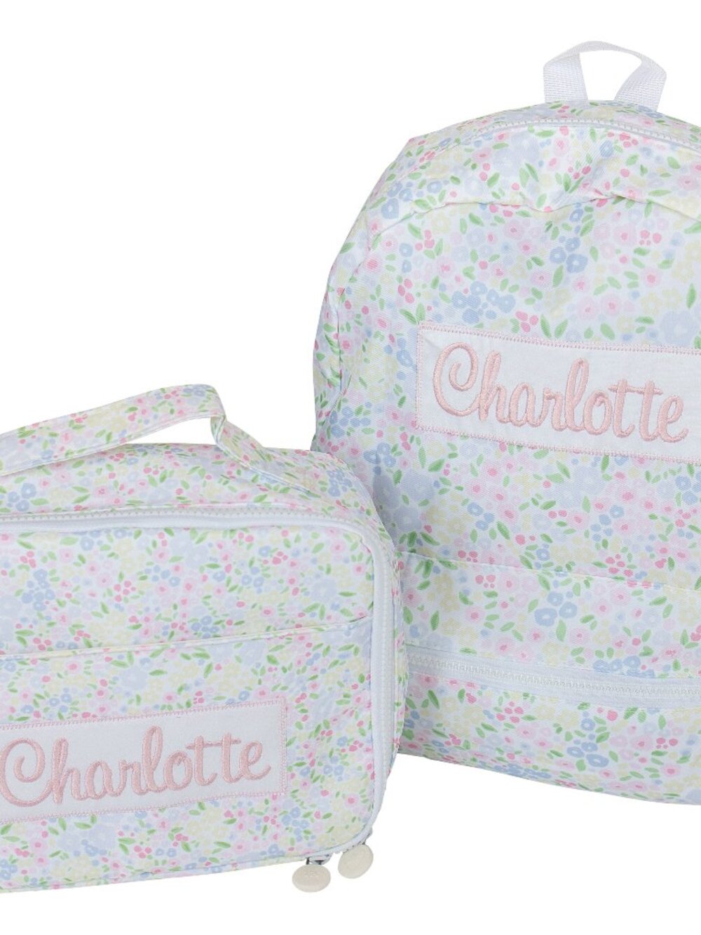 Floral Full Size Backpack and Lunch Bag Set Personalized with Charlotte in pink